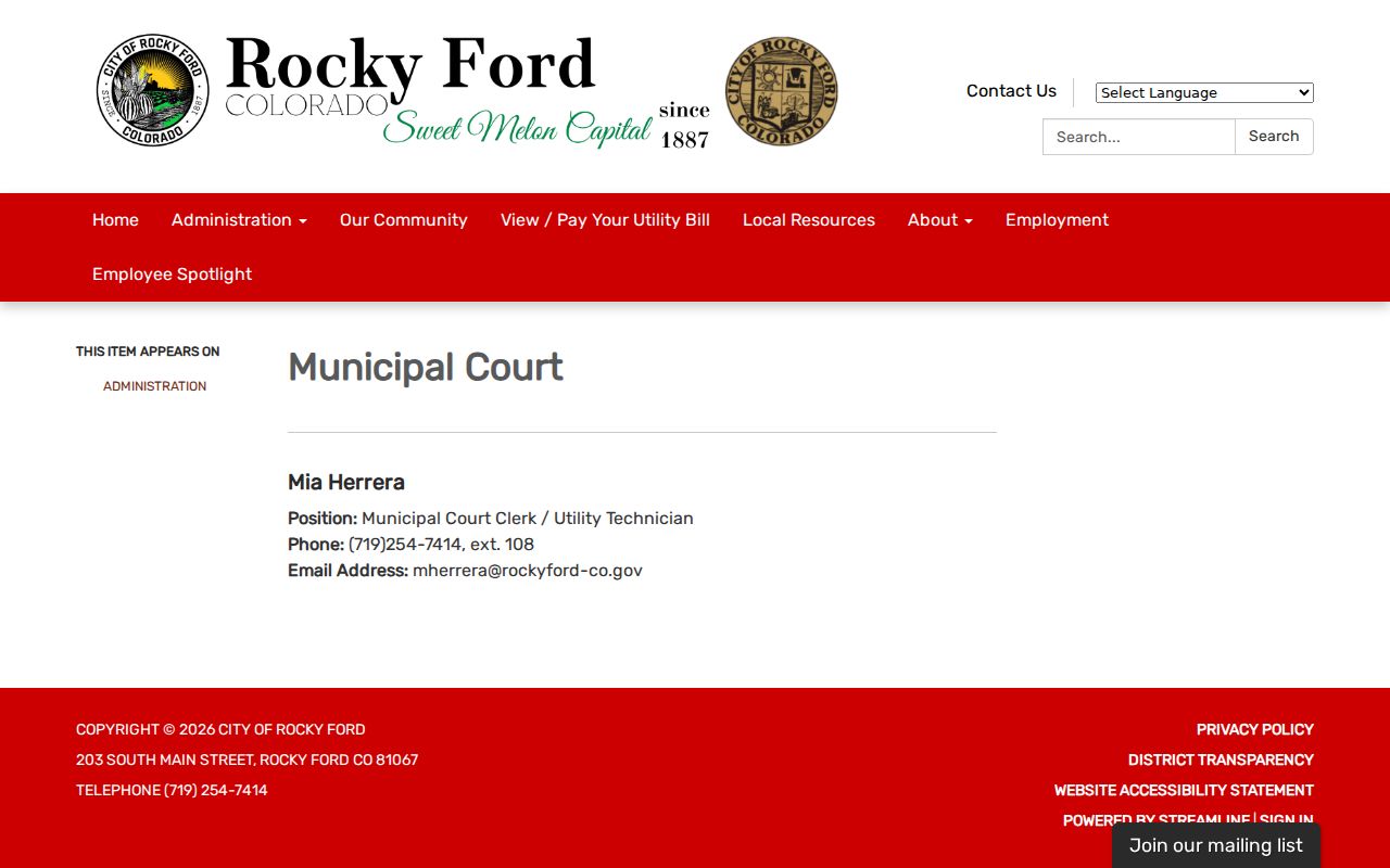 Rocky Ford criminal records municipal court page